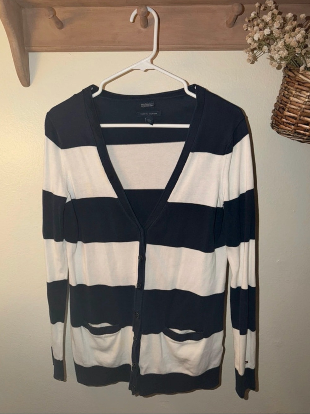 Tommy Hilfiger Striped V-Neck Cardigan Sweater - Navy & White